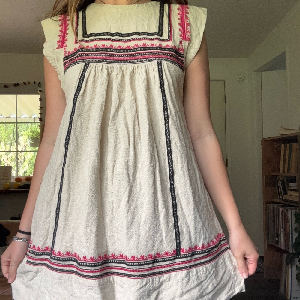 Rebecca Minkoff Cream Dress with Pink and Black Embroidery